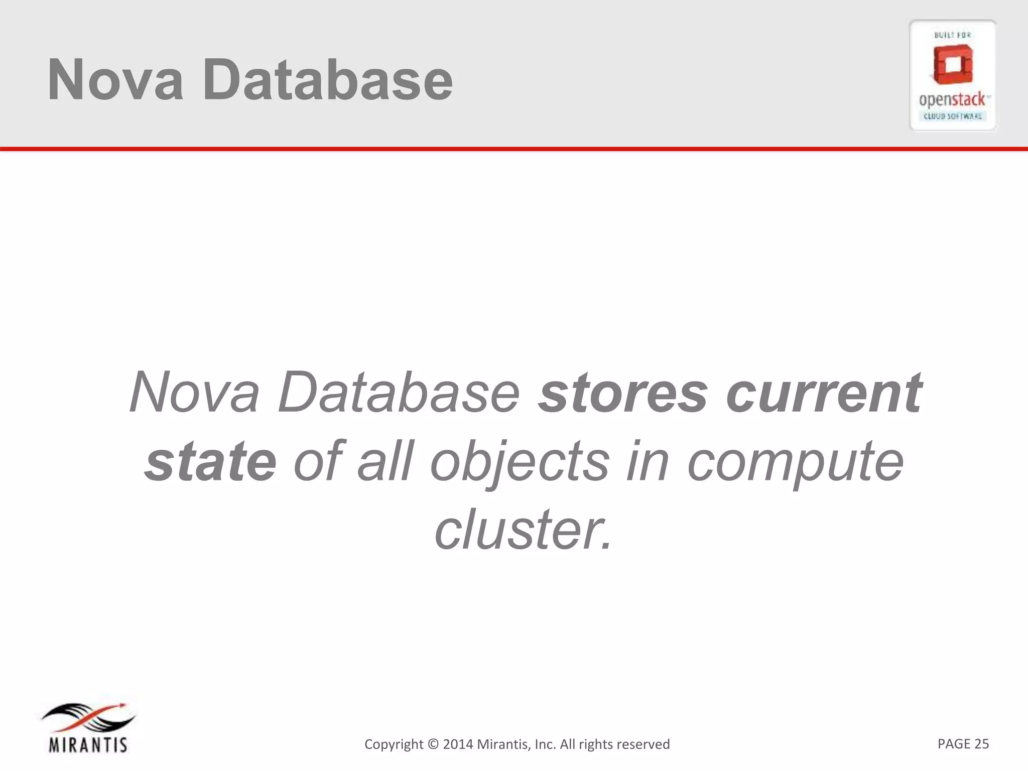 PAGE 25Copyright © 2014 Mirantis, Inc. All rights reserved
Nova Database
Nova Database stores current
state of all objects in compute
cluster.
 