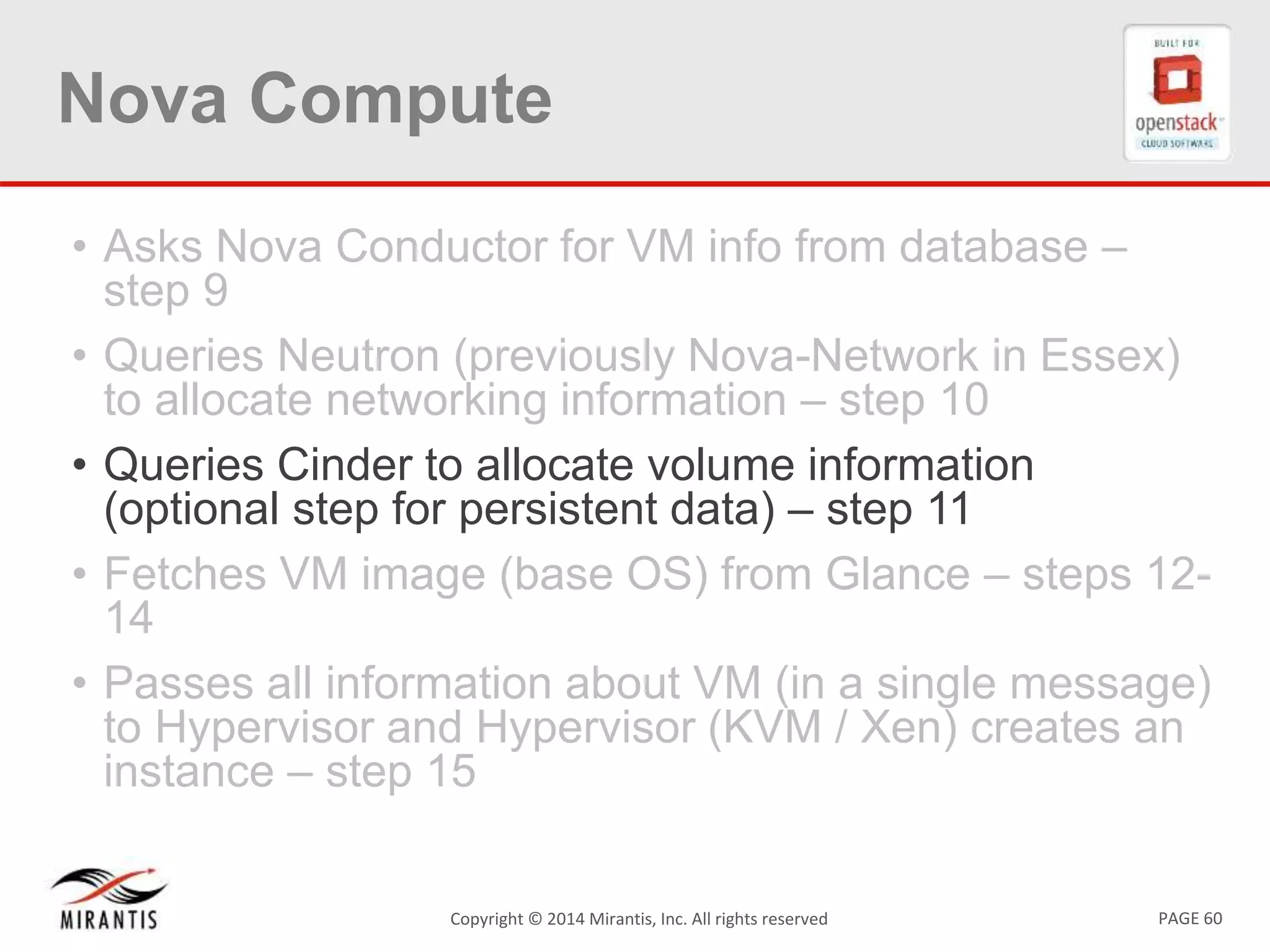 PAGE 60Copyright © 2014 Mirantis, Inc. All rights reserved
Nova Compute
• Asks Nova Conductor for VM info from database –
step 9
• Queries Neutron (previously Nova-Network in Essex)
to allocate networking information – step 10
• Queries Cinder to allocate volume information
(optional step for persistent data) – step 11
• Fetches VM image (base OS) from Glance – steps 12-
14
• Passes all information about VM (in a single message)
to Hypervisor and Hypervisor (KVM / Xen) creates an
instance – step 15
 