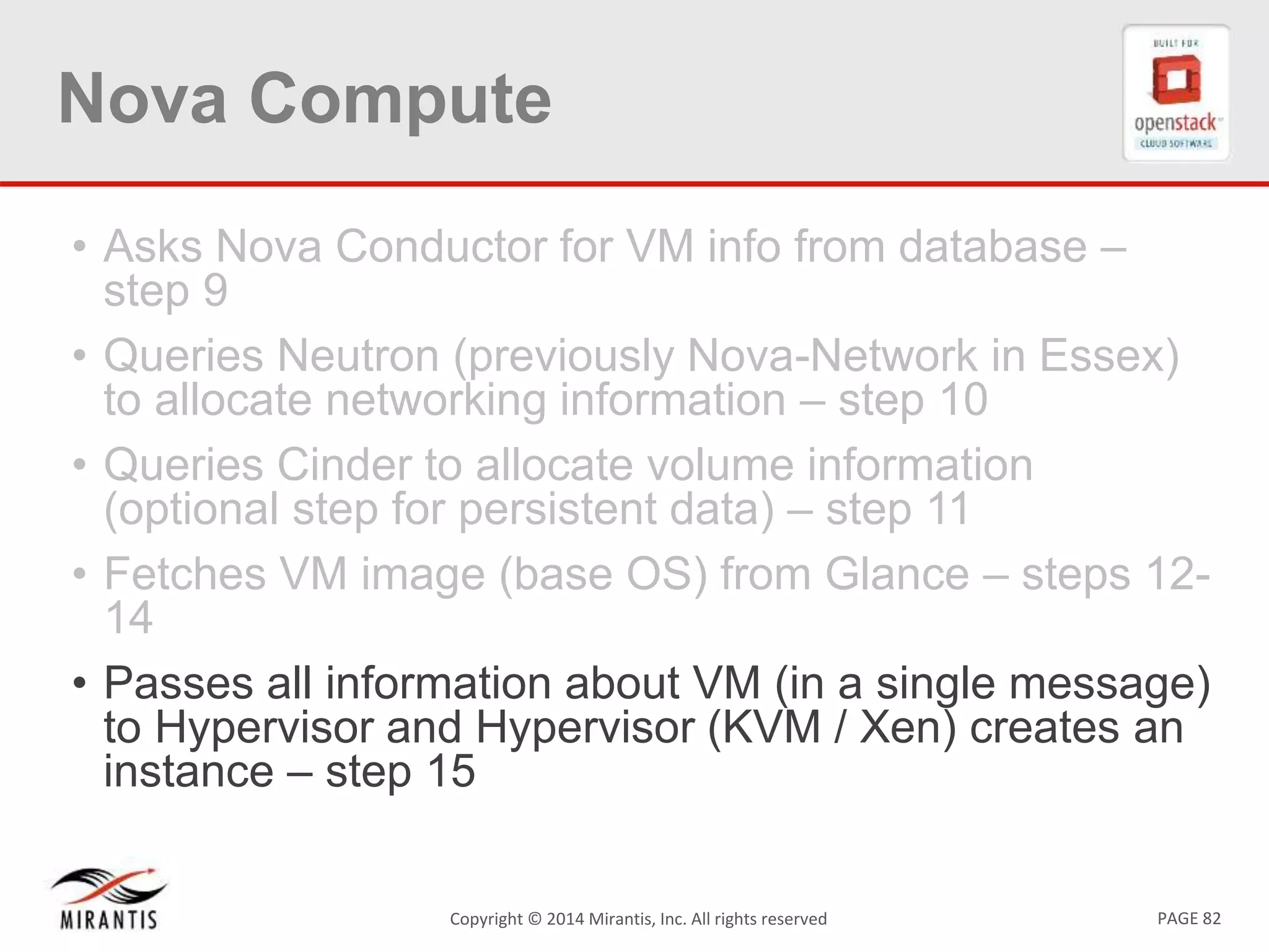 PAGE 82Copyright © 2014 Mirantis, Inc. All rights reserved
Nova Compute
• Asks Nova Conductor for VM info from database –
step 9
• Queries Neutron (previously Nova-Network in Essex)
to allocate networking information – step 10
• Queries Cinder to allocate volume information
(optional step for persistent data) – step 11
• Fetches VM image (base OS) from Glance – steps 12-
14
• Passes all information about VM (in a single message)
to Hypervisor and Hypervisor (KVM / Xen) creates an
instance – step 15
 