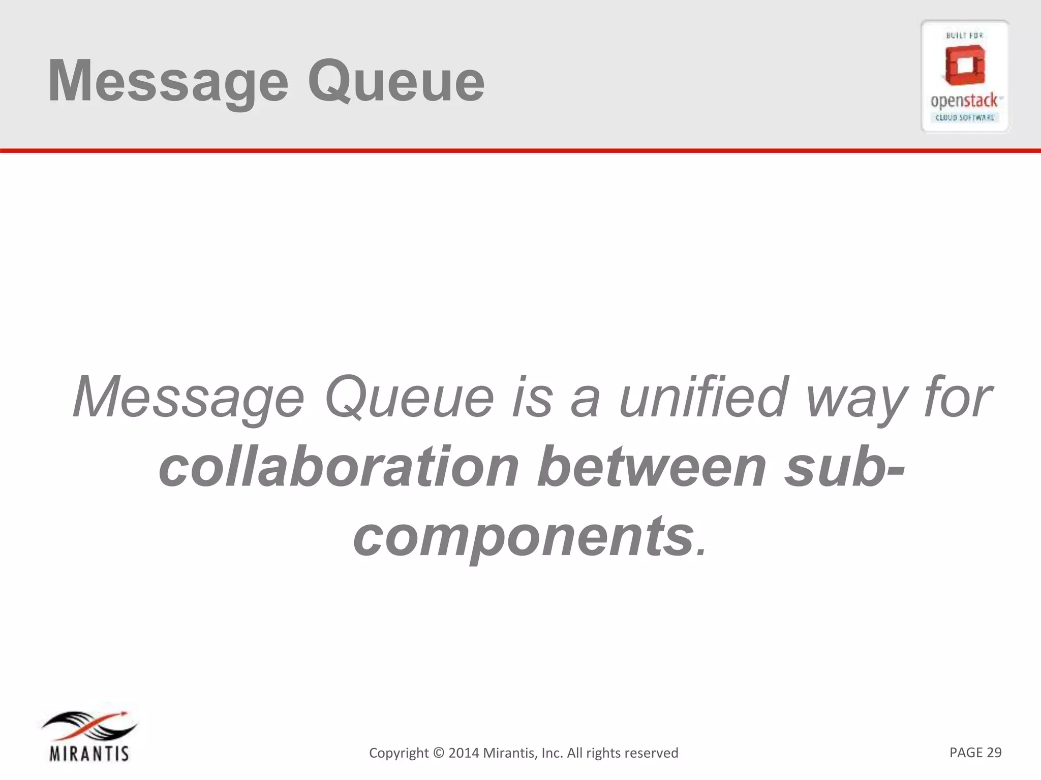 PAGE 29Copyright &copy; 2014 Mirantis, Inc. All rights reserved
Message Queue
Message Queue is a unified way for
collaboration between sub-
components.
 