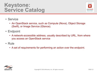 PAGE 12Copyright © 2014 Mirantis, Inc. All rights reserved
Keystone:
Service Catalog
• Service
• An OpenStack service, such as Compute (Nova), Object Storage
(Swift), or Image Service (Glance).
• Endpoint
• A network-accessible address, usually described by URL, from where
you access an OpenStack service
• Rule
• A set of requirements for performing an action over the endpoint.
 
