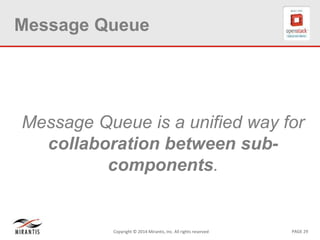 PAGE 29Copyright © 2014 Mirantis, Inc. All rights reserved
Message Queue
Message Queue is a unified way for
collaboration between sub-
components.
 