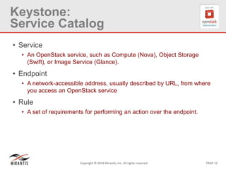 PAGE 12Copyright © 2014 Mirantis, Inc. All rights reserved
Keystone:
Service Catalog
• Service
• An OpenStack service, suc...