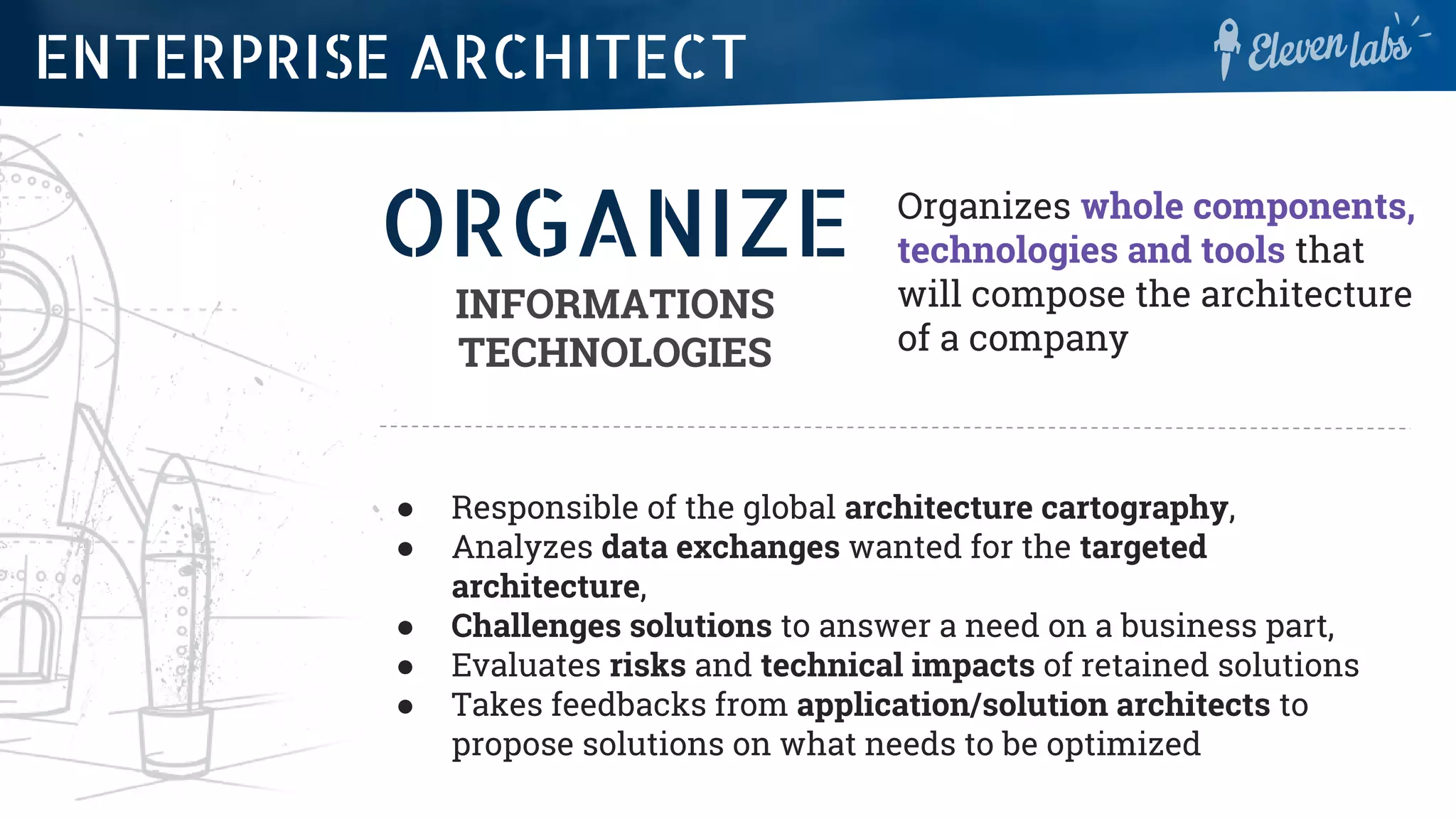 ORGANIZE
INFORMATIONS
TECHNOLOGIES
Organizes whole components,
technologies and tools that
will compose the architecture
of a company
● Responsible of the global architecture cartography,
● Analyzes data exchanges wanted for the targeted
architecture,
● Challenges solutions to answer a need on a business part,
● Evaluates risks and technical impacts of retained solutions
● Takes feedbacks from application/solution architects to
propose solutions on what needs to be optimized
ENTERPRISE ARCHITECT
 