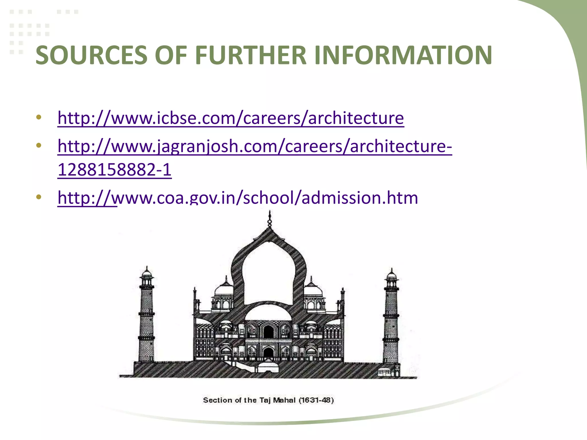 SOURCES OF FURTHER INFORMATION
• http://www.icbse.com/careers/architecture
• http://www.jagranjosh.com/careers/architecture-
1288158882-1
• http://www.coa.gov.in/school/admission.htm
 