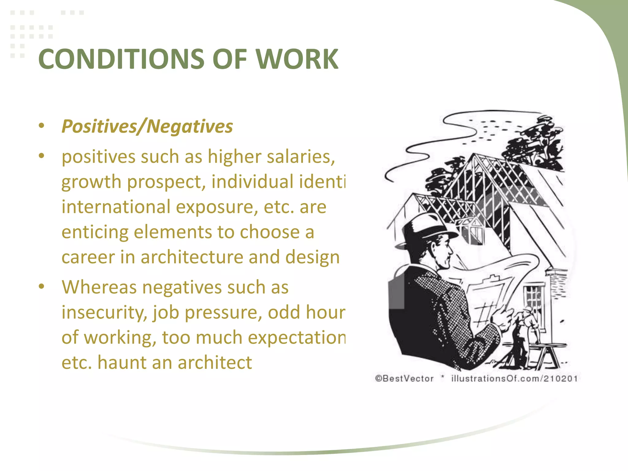 CONDITIONS OF WORK
• Positives/Negatives
• positives such as higher salaries,
growth prospect, individual identity,
international exposure, etc. are
enticing elements to choose a
career in architecture and design
• Whereas negatives such as
insecurity, job pressure, odd hours
of working, too much expectations,
etc. haunt an architect
 
