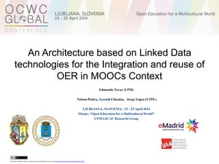 An Architecture based on Linked Data
technologies for the Integration and reuse of
OER in MOOCs Context
Edmundo Tovar (UPM)
Nelson Piedra, Janneth Chicaiza, Jorge López (UTPL)
LJUBLJANA, SLOVENIA - 23 - 25 April 2014
Theme: “Open Education for a Multicultural World”
UPM GICAC Research Group
this work is licensed under a CreativeCommons Attribution3.0 License http://creativecommons.org/licenses/by/3.0/ec/
 
