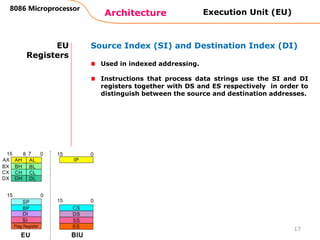 Architecture
8086 Microprocessor
17
EU
Registers
Source Index (SI) and Destination Index (DI)
Used in indexed addressing.
Instructions that process data strings use the SI and DI
registers together with DS and ES respectively in order to
distinguish between the source and destination addresses.
Execution Unit (EU)
 