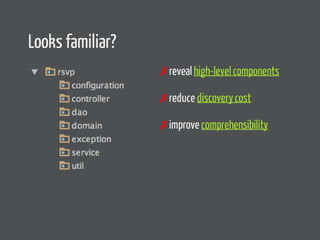 Looks familiar? 
✗ reveal high-level components 
✗ reduce discovery cost 
✗ improve comprehensibility 
 