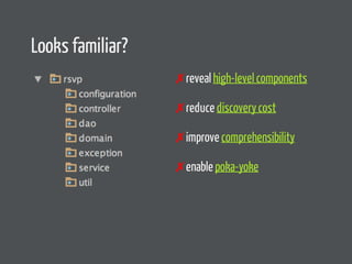 Looks familiar? 
✗ reveal high-level components 
✗ reduce discovery cost 
✗ improve comprehensibility 
✗ enable poka-yoke 
 