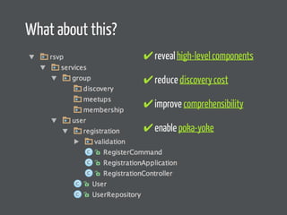 What about this? 
✔ reveal high-level components 
✔ reduce discovery cost 
✔ improve comprehensibility 
✔ enable poka-yoke 
 