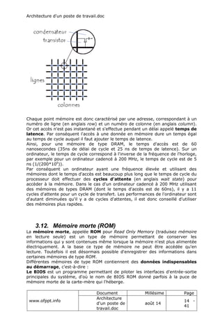 Architecture d'un poste de travail.doc
www.ofppt.info
Document Millésime Page
Architecture
d'un poste de
travail.doc
août 14
14 -
41
Chaque point mémoire est donc caractérisé par une adresse, correspondant à un
numéro de ligne (en anglais row) et un numéro de colonne (en anglais column).
Or cet accès n'est pas instantané et s'effectue pendant un délai appelé temps de
latence. Par conséquent l'accès à une donnée en mémoire dure un temps égal
au temps de cycle auquel il faut ajouter le temps de latence.
Ainsi, pour une mémoire de type DRAM, le temps d'accès est de 60
nanosecondes (35ns de délai de cycle et 25 ns de temps de latence). Sur un
ordinateur, le temps de cycle correspond à l'inverse de la fréquence de l'horloge,
par exemple pour un ordinateur cadencé à 200 MHz, le temps de cycle est de 5
ns (1/(200*106
)).
Par conséquent un ordinateur ayant une fréquence élevée et utilisant des
mémoires dont le temps d'accès est beaucoup plus long que le temps de cycle du
processeur doit effectuer des cycles d'attente (en anglais wait state) pour
accèder à la mémoire. Dans le cas d'un ordinateur cadencé à 200 MHz utilisant
des mémoires de types DRAM (dont le temps d'accès est de 60ns), il y a 11
cycles d'attente pour un cycle de transfert. Les performances de l'ordinateur sont
d'autant diminuées qu'il y a de cycles d'attentes, il est donc conseillé d'utiliser
des mémoires plus rapides.
3.12. Mémoire morte (ROM)
La mémoire morte, appelée ROM pour Read Only Memory (traduisez mémoire
en lecture seule) est un type de mémoire permettant de conserver les
informations qui y sont contenues même lorsque la mémoire n'est plus alimentée
électriquement. A la base ce type de mémoire ne peut être accédée qu'en
lecture. Toutefois il est désormais possible d'enregistrer des informations dans
certaines mémoires de type ROM.
Différentes mémoires de type ROM contiennent des données indispensables
au démarrage, c'est-à-dire :
Le BIOS est un programme permettant de piloter les interfaces d'entrée-sortie
principales du système, d'où le nom de BIOS ROM donné parfois à la puce de
mémoire morte de la carte-mère qui l'héberge.
 