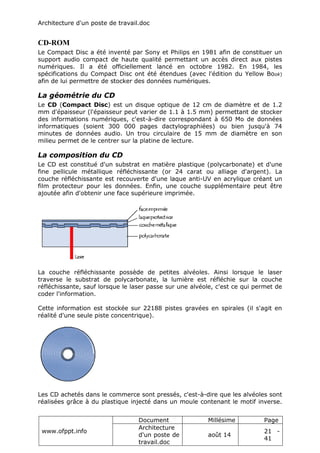 Architecture d'un poste de travail.doc
www.ofppt.info
Document Millésime Page
Architecture
d'un poste de
travail.doc
août 14
21 -
41
CD-ROM
Le Compact Disc a été inventé par Sony et Philips en 1981 afin de constituer un
support audio compact de haute qualité permettant un accès direct aux pistes
numériques. Il a été officiellement lancé en octobre 1982. En 1984, les
spécifications du Compact Disc ont été étendues (avec l'édition du Yellow Book)
afin de lui permettre de stocker des données numériques.
La géométrie du CD
Le CD (Compact Disc) est un disque optique de 12 cm de diamètre et de 1.2
mm d'épaisseur (l'épaisseur peut varier de 1.1 à 1.5 mm) permettant de stocker
des informations numériques, c'est-à-dire correspondant à 650 Mo de données
informatiques (soient 300 000 pages dactylographiées) ou bien jusqu'à 74
minutes de données audio. Un trou circulaire de 15 mm de diamètre en son
milieu permet de le centrer sur la platine de lecture.
La composition du CD
Le CD est constitué d'un substrat en matière plastique (polycarbonate) et d'une
fine pellicule métallique réfléchissante (or 24 carat ou alliage d'argent). La
couche réfléchissante est recouverte d'une laque anti-UV en acrylique créant un
film protecteur pour les données. Enfin, une couche supplémentaire peut être
ajoutée afin d'obtenir une face supérieure imprimée.
La couche réfléchissante possède de petites alvéoles. Ainsi lorsque le laser
traverse le substrat de polycarbonate, la lumière est réfléchie sur la couche
réfléchissante, sauf lorsque le laser passe sur une alvéole, c'est ce qui permet de
coder l'information.
Cette information est stockée sur 22188 pistes gravées en spirales (il s'agit en
réalité d'une seule piste concentrique).
Les CD achetés dans le commerce sont pressés, c'est-à-dire que les alvéoles sont
réalisées grâce à du plastique injecté dans un moule contenant le motif inverse.
 