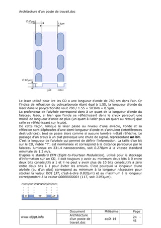 Architecture d'un poste de travail.doc
www.ofppt.info
Document Millésime Page
Architecture
d'un poste de
travail.doc
août 14
24 -
41
Le laser utilisé pour lire les CD a une longueur d'onde de 780 nm dans l'air. Or
l'indice de réfraction du polycarbonate étant égal à 1.55, la longueur d'onde du
laser dans le polycarbonate vaut 780 / 1.55 = 503nm = 0.5µm.
La profondeur de l'alvéole correspond donc à un quart de la longueur d'onde du
faisceau laser, si bien que l'onde se réfléchissant dans le creux parcourt une
moitié de longueur d'onde de plus (un quart à l'aller plus un quart au retour) que
celle se réfléchissant sur le plat.
De cette façon, lorsque le laser passe au niveau d'une alvéole, l'onde et sa
réflexion sont déphasées d'une demi-longueur d'onde et s'annulent (interférences
destructrices), tout se passe alors comme si aucune lumière n'était réfléchie. Le
passage d'un creux à un plat provoque une chute de signal, représentant un bit.
C'est la longueur de l'alvéole qui permet de définir l'information. La taille d'un bit
sur le CD, notée "T", est normalisée et correspond à la distance parcourue par le
faisceau lumineux en 231.4 nanosecondes, soit 0.278µm à la vitesse standard
minimale de 1.2 m/s.
D'après le standard EFM (Eight-to-Fourteen Modulation), utilisé pour le stockage
d'information sur un CD, il doit toujours y avoir au minimum deux bits à 0 entre
deux bits consécutifs à 1 et il ne peut y avoir plus de 10 bits consécutifs à zéro
entre deux bits à 1 pour éviter les erreurs. C'est pourquoi la longueur d'une
alvéole (ou d'un plat) correspond au minimum à la longueur nécessaire pour
stocker la valeur OO1 (3T, c'est-à-dire 0.833µm) et au maximum à la longueur
correspondant à la valeur 00000000001 (11T, soit 3.054µm).
 