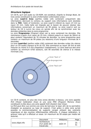 Architecture d'un poste de travail.doc
www.ofppt.info
Document Millésime Page
Architecture
d'un poste de
travail.doc
août 14
25 -
41
Structure logique
Un CD-R, qu'il soit audio ou CD-ROM, est constitué, d'après le Orange Book, de
trois zones constituant la zone d'information (information area) :
La zone Lead-in Area (parfois notée LIA) contenant uniquement des
informations décrivant le contenu du support (ces informations sont stockées
dans la TOC, Table of Contents). La zone Lead-in s'étend du rayon 23 mm au
rayon 25 mm. Cette taille est imposée par le besoin de pouvoir stocker des
informations concernant un maximum de 99 pistes. La zone Lead-in sert au
lecteur de CD à suivre les creux en spirale afin de se synchroniser avec les
données présentes dans la zone programme
La zone Programme (Program Area) est la zone contenant les données. Elle
commence à partir d'un rayon de 25 mm, s'étend jusqu'à un rayon de 58mm et
peut contenir l'équivalent de 76 minutes de données. La zone programme peut
contenir un maximum de 99 pistes (ou sessions) d'une longueur minimale de 4
secondes.
La zone Lead-Out (parfois notée LOA) contenant des données nulles (du silence
pour un CD audio) marque la fin du CD. Elle commence au rayon 58 mm et doit
mesurer au moins O.5 mm d'épaisseur (radialement). La zone lead-out doit ainsi
contenir au minimum 6750 secteurs, soit 90 secondes de silence à la vitesse
minimale (1X).
Un CD-R contient, en plus des trois zones décrites ci-dessus, une zone appelée
PCA (Power Calibration Area) et une zone PMA (Program Memory Area)
constituant à elles deux une zone appelé SUA (System User Area).
La PCA peut être vue comme une zone de test pour le laser afin de lui permettre
d'adapter sa puissance au type de support. C'est grâce à cette zone qu'est
possible la commercialisation de supports vierges utilisant des colorants
organiques et des couches réfléchissantes différents. A chaque calibration, le
graveur note qu'il a effectué un essai. Un maximum de 99 essais par media est
autorisé.
 
