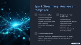 Spark Streaming : Analyse en
temps réel
Traitement des flux
Spark Streaming gère le
traitement continu des
données en temps réel, idéal
pour la détection
d'anomalies ou l'analyse de
logs.
Intégration avec
Kubernetes
L’orchestration via
Kubernetes permet de scaler
dynamiquement les
applications Spark,
optimisant ainsi les
ressources et assurant la
haute disponibilité.
Parallélisme robuste
Le modèle distribué de Spark exploite pleinement les clusters,
assurant une simultanéité élevée et un débit optimal sur les
pipelines de données.
 