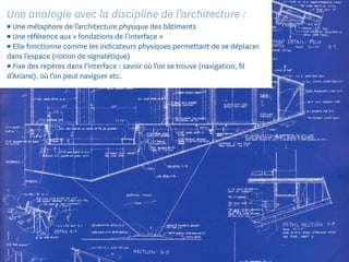 Une analogie avec la discipline de l’architecture :
▪ Une métaphore de l’architecture physique des bâtiments
▪ Une référence aux « fondations de l’interface »
▪ Elle fonctionne comme les indicateurs physiques permettant de se déplacer
dans l’espace (notion de signalétique)
▪ Fixe des repères dans l’interface : savoir où l’on se trouve (navigation, ﬁl
d’Ariane), où l’on peut naviguer etc.
 