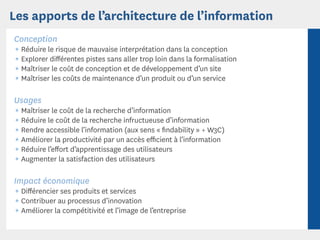 Les apports de l’architecture de l’information
Conception
¶ Réduire le risque de mauvaise interprétation dans la conception
¶ Explorer diﬀérentes pistes sans aller trop loin dans la formalisation
¶ Maîtriser le coût de conception et de développement d’un site
¶ Maîtriser les coûts de maintenance d’un produit ou d’un service

Usages
¶ Maîtriser le coût de la recherche d’information
¶ Réduire le coût de la recherche infructueuse d’information
¶ Rendre accessible l’information (aux sens « ﬁndability » + W3C)
¶ Améliorer la productivité par un accès eﬃcient à l’information
¶ Réduire l’eﬀort d’apprentissage des utilisateurs
¶ Augmenter la satisfaction des utilisateurs

Impact économique
¶ Diﬀérencier ses produits et services
¶ Contribuer au processus d’innovation
¶ Améliorer la compétitivité et l’image de l’entreprise
 