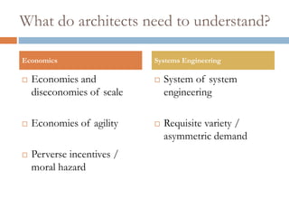 What do architects need to understand?

Economics                   Systems Engineering

   Economies and              System of system
    diseconomies of scale       engineering

   Economies of agility       Requisite variety /
                                asymmetric demand
   Perverse incentives /
    moral hazard
 
