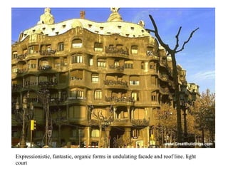 Expressionistic, fantastic, organic forms in undulating facade and roof line. light court 