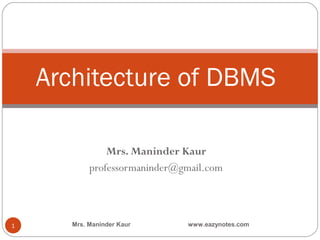 Architecture of DBMS

                Mrs. Maninder Kaur
            professormaninder@gmail.com



1      Mrs. Maninder Kaur      www.eazynotes.com
 