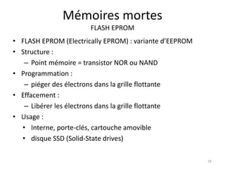 Mémoires mortes
FLASH EPROM
• FLASH EPROM (Electrically EPROM) : variante d’EEPROM
• Structure :
– Point mémoire = transistor NOR ou NAND
• Programmation :
– piéger des électrons dans la grille flottante
• Effacement :
– Libérer les électrons dans la grille flottante
• Usage :
• Interne, porte-clés, cartouche amovible
• disque SSD (Solid-State drives)
28
 