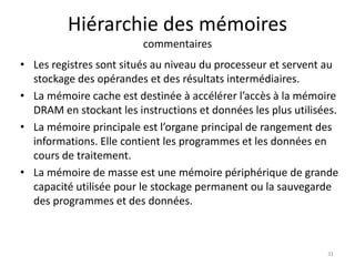 Hiérarchie des mémoires
commentaires
• Les registres sont situés au niveau du processeur et servent au
stockage des opérandes et des résultats intermédiaires.
• La mémoire cache est destinée à accélérer l’accès à la mémoire
DRAM en stockant les instructions et données les plus utilisées.
• La mémoire principale est l’organe principal de rangement des
informations. Elle contient les programmes et les données en
cours de traitement.
• La mémoire de masse est une mémoire périphérique de grande
capacité utilisée pour le stockage permanent ou la sauvegarde
des programmes et des données.
31
 