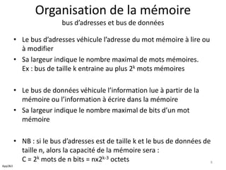 Organisation de la mémoire
bus d’adresses et bus de données
• Le bus d’adresses véhicule l’adresse du mot mémoire à lire ou
à modifier
• Sa largeur indique le nombre maximal de mots mémoires.
Ex : bus de taille k entraine au plus 2k mots mémoires
• Le bus de données véhicule l’information lue à partir de la
mémoire ou l’information à écrire dans la mémoire
• Sa largeur indique le nombre maximal de bits d’un mot
mémoire
• NB : si le bus d’adresses est de taille k et le bus de données de
taille n, alors la capacité de la mémoire sera :
C = 2k mots de n bits = nx2k-3 octets
App2&3
8
 