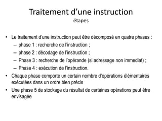 Traitement d’une instruction
étapes
• Le traitement d’une instruction peut être décomposé en quatre phases :
– phase 1 : recherche de l’instruction ;
– phase 2 : décodage de l’instruction ;
– Phase 3 : recherche de l’opérande (si adressage non immediat) ;
– Phase 4 : exécution de l’instruction.
• Chaque phase comporte un certain nombre d’opérations élémentaires
exécutées dans un ordre bien précis
• Une phase 5 de stockage du résultat de certaines opérations peut être
envisagée
 