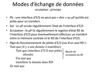 Modes d’échange de données
scrutation : principe
• Pb : une interface d’E/S ne peut pas « dire » au µP qu’elle est
prête pour un transfert.
• Sol : Le µP scrute régulièrement l’état de l‘interface d’E/S
• Scrutation : le µP lit régulièrement le registre d’état RE de
l‘interface d’E/S pour éventuellement effectuer un transfert
entre la mémoire centrale et le RD de l’interface d’E/S.
• Algo du fonctionnement du pilote d’E/S (cas d’un seul RD ) :
Tant que (il y a une donnée à transférer)
Tant que (interface d’E/S non prête)
attendre
Fin tant que
transférer la donnée dans RD
fin tant que
Boucle de
scrutation du RE
 
