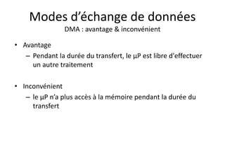 Modes d’échange de données
DMA : avantage & inconvénient
• Avantage
– Pendant la durée du transfert, le µP est libre d'effectuer
un autre traitement
• Inconvénient
– le µP n’a plus accès à la mémoire pendant la durée du
transfert
 