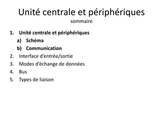 Unité centrale et périphériques
sommaire
1. Unité centrale et périphériques
a) Schéma
b) Communication
2. Interface d’entrée/sortie
3. Modes d’échange de données
4. Bus
5. Types de liaison
 