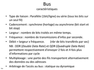 Bus
caractéristiques
• Type de liaison : Parallèle (1bit/ligne) ou série (tous les bits sur
un seul fil)
• Cadencement : synchrone (horloge) ou asynchrone (bit start et
bit stop)
• Largeur : nombre de bits traités en même temps.
• Fréquence : nombre de transmissions d'infos par seconde.
• Débit = largeur x fréquence. (nbr de bits transférés par sec)
NB : DDR (Double Data Rate) et QDR (Quadruple Data Rate)
permettent respectivement d'envoyer 2 fois et 4 fois plus
d'informations par cycle
• Multiplexage : une partie des fils transportent alternativement
des données ou des adresses
• Arbitrage de l’accès au bus : statique ou dynamiqueApp
 