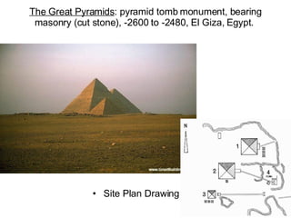 The Great Pyramids : pyramid tomb monument, bearing masonry (cut stone), -2600 to -2480, El Giza, Egypt.  ,[object Object]