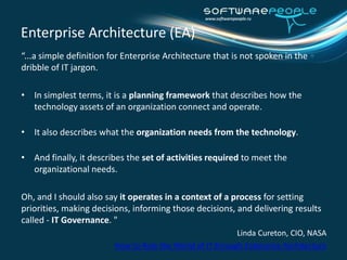 Enterprise Architecture (EA)“...a simple definition for Enterprise Architecture that is not spoken in the dribble of IT jargon.In simplest terms, it is a planning framework that describes how the technology assets of an organization connect and operate.It also describes what the organization needs from the technology.And finally, it describes the set of activities required to meet the organizational needs. Oh, and I should also say it operates in a context of a process for setting priorities, making decisions, informing those decisions, and delivering results called - IT Governance. "Linda Cureton, CIO, NASAHow to Rule the World of IT through Enterprise Architecture