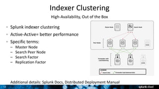 13
Indexer Clustering
High-Availability, Out of the Box
Splunk indexer clustering
Active-Active= better performance
Specific terms:
– Master Node
– Search Peer Node
– Search Factor
– Replication Factor
Additional details: Splunk Docs, Distributed Deployment Manual
 
