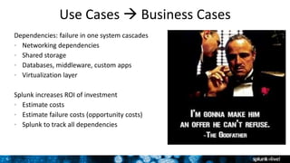 6
Use Cases  Business Cases
Dependencies: failure in one system cascades
• Networking dependencies
• Shared storage
• Databases, middleware, custom apps
• Virtualization layer
Splunk increases ROI of investment
• Estimate costs
• Estimate failure costs (opportunity costs)
• Splunk to track all dependencies
Screenshot here
 