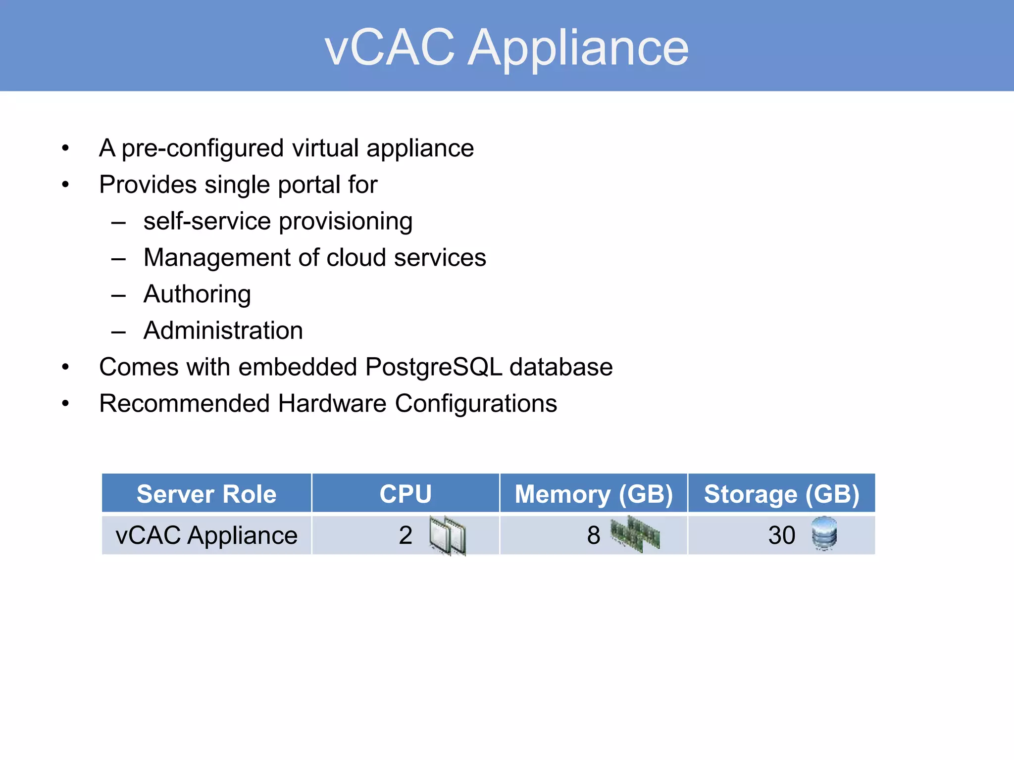 vCAC Appliance
• A pre-configured virtual appliance
• Provides single portal for
– self-service provisioning
– Management of cloud services
– Authoring
– Administration
• Comes with embedded PostgreSQL database
• Recommended Hardware Configurations
Server Role CPU Memory (GB) Storage (GB)
vCAC Appliance 2 8 30
 