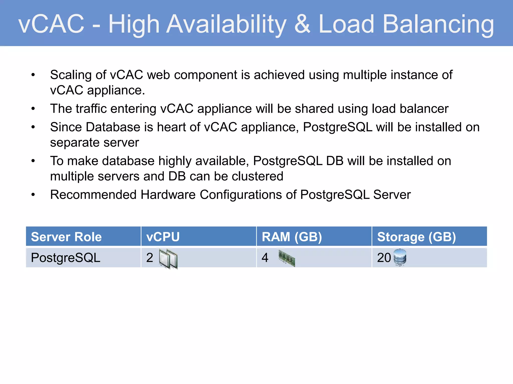 vCAC - High Availability & Load Balancing
• Scaling of vCAC web component is achieved using multiple instance of
vCAC appliance.
• The traffic entering vCAC appliance will be shared using load balancer
• Since Database is heart of vCAC appliance, PostgreSQL will be installed on
separate server
• To make database highly available, PostgreSQL DB will be installed on
multiple servers and DB can be clustered
• Recommended Hardware Configurations of PostgreSQL Server
Server Role vCPU RAM (GB) Storage (GB)
PostgreSQL 2 4 20
 
