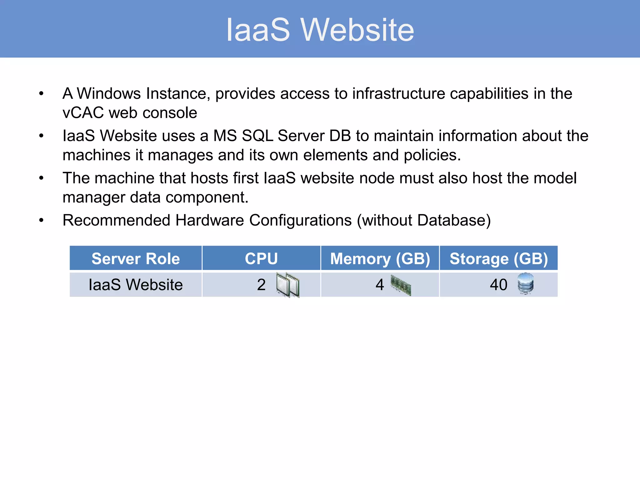 IaaS Website
• A Windows Instance, provides access to infrastructure capabilities in the
vCAC web console
• IaaS Website uses a MS SQL Server DB to maintain information about the
machines it manages and its own elements and policies.
• The machine that hosts first IaaS website node must also host the model
manager data component.
• Recommended Hardware Configurations (without Database)
Server Role CPU Memory (GB) Storage (GB)
IaaS Website 2 4 40
 