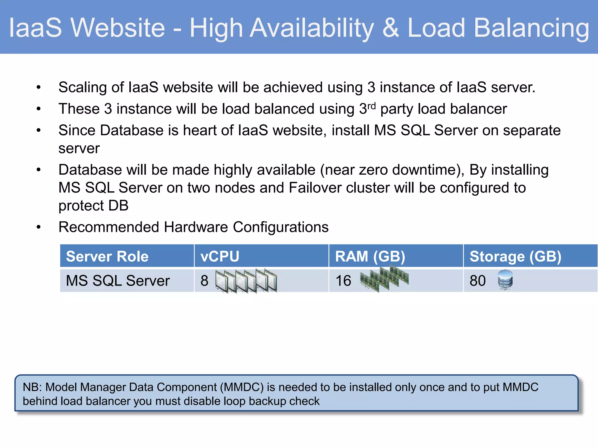 IaaS Website - High Availability & Load Balancing
• Scaling of IaaS website will be achieved using 3 instance of IaaS server.
• These 3 instance will be load balanced using 3rd party load balancer
• Since Database is heart of IaaS website, install MS SQL Server on separate
server
• Database will be made highly available (near zero downtime), By installing
MS SQL Server on two nodes and Failover cluster will be configured to
protect DB
• Recommended Hardware Configurations
Server Role vCPU RAM (GB) Storage (GB)
MS SQL Server 8 16 80
NB: Model Manager Data Component (MMDC) is needed to be installed only once and to put MMDC
behind load balancer you must disable loop backup check
 