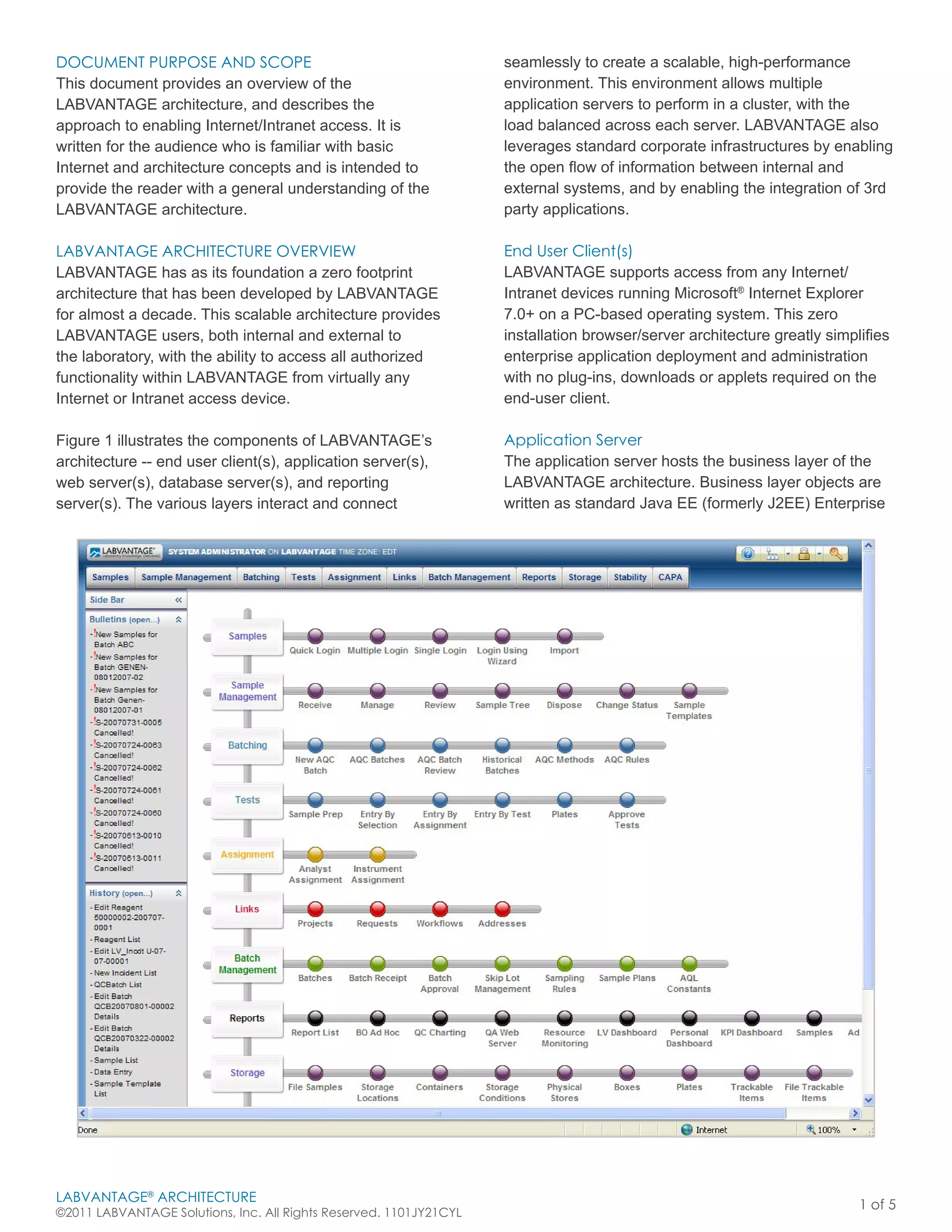 DOCUMENT PURPOSE AND SCOPE                                          seamlessly to create a scalable, high-performance
This document provides an overview of the                           environment. This environment allows multiple
LABVANTAGE architecture, and describes the                          application servers to perform in a cluster, with the
approach to enabling Internet/Intranet access. It is                load balanced across each server. LABVANTAGE also
written for the audience who is familiar with basic                 leverages standard corporate infrastructures by enabling
Internet and architecture concepts and is intended to               the open flow of information between internal and
provide the reader with a general understanding of the              external systems, and by enabling the integration of 3rd
LABVANTAGE architecture.                                            party applications.

LABVANTAGE ARCHITECTURE OVERVIEW                                    End User Client(s)
LABVANTAGE has as its foundation a zero footprint                   LABVANTAGE supports access from any Internet/
architecture that has been developed by LABVANTAGE                  Intranet devices running Microsoft® Internet Explorer
for almost a decade. This scalable architecture provides            7.0+ on a PC-based operating system. This zero
LABVANTAGE users, both internal and external to                     installation browser/server architecture greatly simplifies
the laboratory, with the ability to access all authorized           enterprise application deployment and administration
functionality within LABVANTAGE from virtually any                  with no plug-ins, downloads or applets required on the
Internet or Intranet access device.                                 end-user client.

Figure 1 illustrates the components of LABVANTAGE’s                 Application Server
architecture -- end user client(s), application server(s),          The application server hosts the business layer of the
web server(s), database server(s), and reporting                    LABVANTAGE architecture. Business layer objects are
server(s). The various layers interact and connect                  written as standard Java EE (formerly J2EE) Enterprise




LABVANTAGE® ARCHITECTURE
                                                                                                                          1 of 5
©2011 LABVANTAGE Solutions, Inc. All Rights Reserved. 1101JY21CYL
 