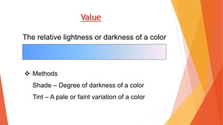 The relative lightness or darkness of a color
 Methods
Shade – Degree of darkness of a color
Tint – A pale or faint variation of a color
Value
 