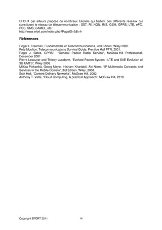 EFORT par ailleurs propose de nombreux tutoriels qui traitent des différents réseaux qui
constituent le réseau de télécommunication : SS7, RI, NGN, IMS, GSM, GPRS, LTE, ePC,
PCC, SMS, CAMEL, etc.
http://www.efort.com/index.php?PageID=5&l=fr

Références
Roger L Freeman, Fundamentals of Telecommunications, 2nd Edition, Wiley 2005.
Pete Moulton, Telecommunications Survival Guide, Prentice Hall PTR, 2001.
Regis J. Bates, GPRS: “General Packet Radio Service“, McGraw-Hill Professional,
December 2001.
Pierre Lescuyer and Thierry Lucidarm, “Evolved Packet System : LTE and SAE Evolution of
3G UMTS“, Wiley 2008.
Miikka Poikselkä, Georg Mayer, Hisham Khartabil, Aki Niemi, “IP Multimedia Concepts and
Services in the Mobile Domain”, 3rd Edition, Wiley, 2008.
Scot Hull, “Content Delivery Networks”, McGraw Hill, 2002.
Anthony T. Velte, “Cloud Computing, A practical Approach”, McGraw Hill, 2010.




Copyright EFORT 2011                      14
 