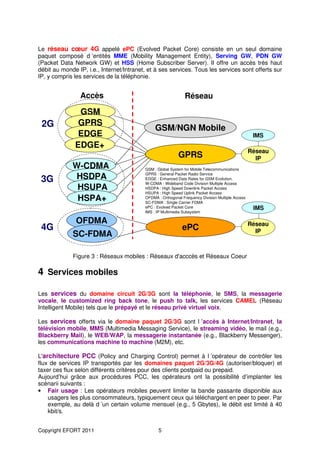 Le réseau cœur 4G appelé ePC (Evolved Packet Core) consiste en un seul domaine
paquet composé d ’entités MME (Mobility Management Entity), Serving GW, PDN GW
(Packet Data Network GW) et HSS (Home Subscriber Server). Il offre un accès très haut
débit au monde IP, i.e., Internet/Intranet, et à ses services. Tous les services sont offerts sur
IP, y compris les services de la téléphonie.


                Accès                                         Réseau

               GSM
 2G            GPRS
                                               GSM/NGN Mobile
               EDGE                                                                                IMS
              EDGE+
                                                                                                  Réseau
                                                           GPRS                                     IP
             W-CDMA                       GSM : Global System for Mobile Telecommunications
                                          GPRS : General Packet Radio Service
 3G           HSDPA                       EDGE : Enhanced Data Rates for GSM Evolution,
                                          W-CDMA : Wideband Code Division Multiple Access
              HSUPA                       HSDPA : High Speed Downlink Packet Access
                                          HSUPA : High Speed Uplink Packet Access
              HSPA+                       OFDMA : Orthogonal Frequency Division Multiple Access
                                          SC-FDMA : Single Carrier FDMA
                                          ePC : Evolved Packet Core                                IMS
                                          IMS : IP Multimedia Subsystem

               OFDMA                                                                              Réseau
 4G                                                          ePC                                    IP
             SC-FDMA

             Figure 3 : Réseaux mobiles : Réseaux d'acccès et Réseaux Coeur

4 Services mobiles

Les services du domaine circuit 2G/3G sont la téléphonie, le SMS, la messagerie
vocale, le customized ring back tone, le push to talk, les services CAMEL (Réseau
Intelligent Mobile) tels que le prépayé et le réseau privé virtuel voix.

Les services offerts via le domaine paquet 2G/3G sont l ’accès à Internet/Intranet, la
télévision mobile, MMS (Multimedia Messaging Service), le streaming vidéo, le mail (e.g.,
Blackberry Mail), le WEB/WAP, la messagerie instantanée (e.g., Blackberry Messenger),
les communications machine to machine (M2M), etc.

L'architecture PCC (Policy and Charging Control) permet à l ’opérateur de contrôler les
flux de services IP transportés par les domaines paquet 2G/3G/4G (autoriser/bloquer) et
taxer ces flux selon différents critères pour des clients postpaid ou prepaid.
Aujourd’hui grâce aux procédures PCC, les opérateurs ont la possibilité d’implanter les
scénarii suivants :
• Fair usage : Les opérateurs mobiles peuvent limiter la bande passante disponible aux
    usagers les plus consommateurs, typiquement ceux qui téléchargent en peer to peer. Par
    exemple, au delà d ’un certain volume mensuel (e.g., 5 Gbytes), le débit est limité à 40
    kbit/s.


Copyright EFORT 2011                            5
 