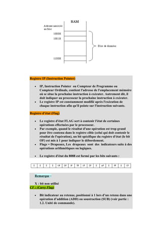 Registre IP (Instruction Pointer)

   •   IP, Instruction Pointer ou Compteur de Programme ou
       Compteur Ordinale, contient l'adresse de l'emplacement mémoire
       où se situe la prochaine instruction à exécuter. Autrement dit, il
       doit indiquer au processeur la prochaine instruction à exécuter.
   •   Le registre IP est constamment modifié après l'exécution de
       chaque instruction afin qu'il pointe sur l'instruction suivante.

Registre d’état (Flag)

   •   Le registre d'état FLAG sert à contenir l'état de certaines
       opérations effectuées par le processeur.
   •   Par exemple, quand le résultat d'une opération est trop grand
       pour être contenu dans le registre cible (celui qui doit contenir le
       résultat de l'opération), un bit spécifique du registre d'état (le bit
       OF) est mis à 1 pour indiquer le débordement.
   •   Flags = Drapeaux, Les drapeaux sont des indicateurs suite à des
       opérations arithmétiques ou logiques.

   •   Le registre d'état du 8088 est formé par les bits suivants :




   Remarque :

   X : bit non utilisé
CF : (Carry Flag)

   •   Bit indicateur au retenue, positionné à 1 lors d’un retenu dans une
       opération d’addition (ADD) ou soustraction (SUB) (voir partie :
       1.2. Unité de commande).
 