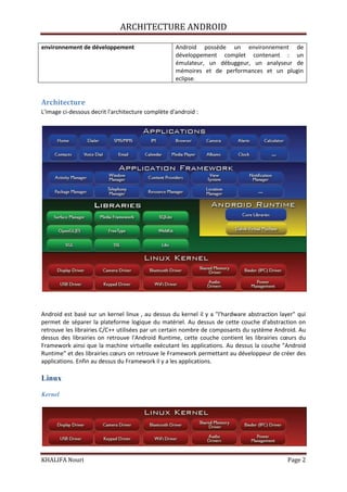 ARCHITECTURE ANDROID
KHALIFA Nouri Page 2
environnement de développement Android possède un environnement de
développement complet contenant : un
émulateur, un débuggeur, un analyseur de
mémoires et de performances et un plugin
eclipse.
Architecture
L'image ci-dessous decrit l'architecture complète d'android :
Android est basé sur un kernel linux , au dessus du kernel il y a "l'hardware abstraction layer" qui
permet de séparer la plateforme logique du matériel. Au dessus de cette couche d'abstraction on
retrouve les librairies C/C++ utilisées par un certain nombre de composants du système Android. Au
dessus des librairies on retrouve l'Android Runtime, cette couche contient les librairies cœurs du
Framework ainsi que la machine virtuelle exécutant les applications. Au dessus la couche "Android
Runtime" et des librairies cœurs on retrouve le Framework permettant au développeur de créer des
applications. Enfin au dessus du Framework il y a les applications.
Linux
Kernel
 