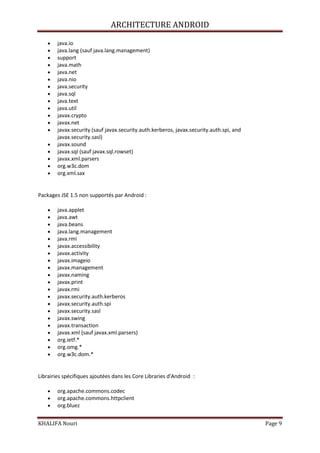 ARCHITECTURE ANDROID
KHALIFA Nouri Page 9
java.io
java.lang (sauf java.lang.management)
support
java.math
java.net
java.nio
java.security
java.sql
java.text
java.util
javax.crypto
javax.net
javax.security (sauf javax.security.auth.kerberos, javax.security.auth.spi, and
javax.security.sasl)
javax.sound
javax.sql (sauf javax.sql.rowset)
javax.xml.parsers
org.w3c.dom
org.xml.sax
Packages JSE 1.5 non supportés par Android :
java.applet
java.awt
java.beans
java.lang.management
java.rmi
javax.accessibility
javax.activity
javax.imageio
javax.management
javax.naming
javax.print
javax.rmi
javax.security.auth.kerberos
javax.security.auth.spi
javax.security.sasl
javax.swing
javax.transaction
javax.xml (sauf javax.xml.parsers)
org.ietf.*
org.omg.*
org.w3c.dom.*
Librairies spécifiques ajoutées dans les Core Libraries d'Android :
org.apache.commons.codec
org.apache.commons.httpclient
org.bluez
 