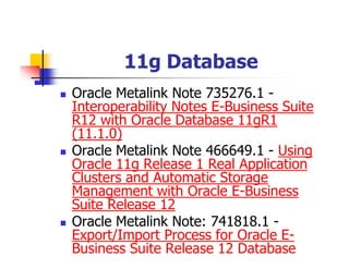 11g Database
Oracle Metalink Note 735276.1 -
Interoperability Notes E-Business Suite
R12 with Oracle Database 11gR1
(11.1.0)
Oracle Metalink Note 466649.1 - Using
Oracle 11g Release 1 Real Application
Clusters and Automatic Storage
Management with Oracle E-Business
Suite Release 12
Oracle Metalink Note: 741818.1 -
Export/Import Process for Oracle E-
Business Suite Release 12 Database
Instances Using Oracle Database 11g
 