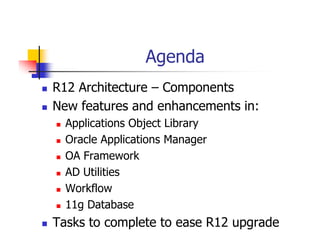 Agenda
R12 Architecture – Components
New features and enhancements in:
  Applications Object Library
  Oracle Applications Manager
  OA Framework
  AD Utilities
  Workflow
  11g Database
Tasks to complete to ease R12 upgrade
 